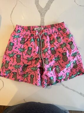 Men's Pink Pineapple Print Swim Trunks with Drawstring